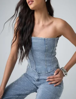 Cheap Diamante Denim Corset Co-ords | Tops