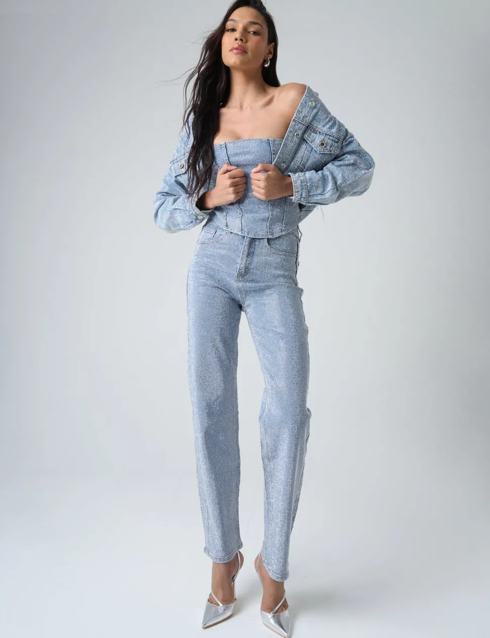 Cheap Diamante Denim Cropped Jacket Outerwear & Jackets | Co-ords