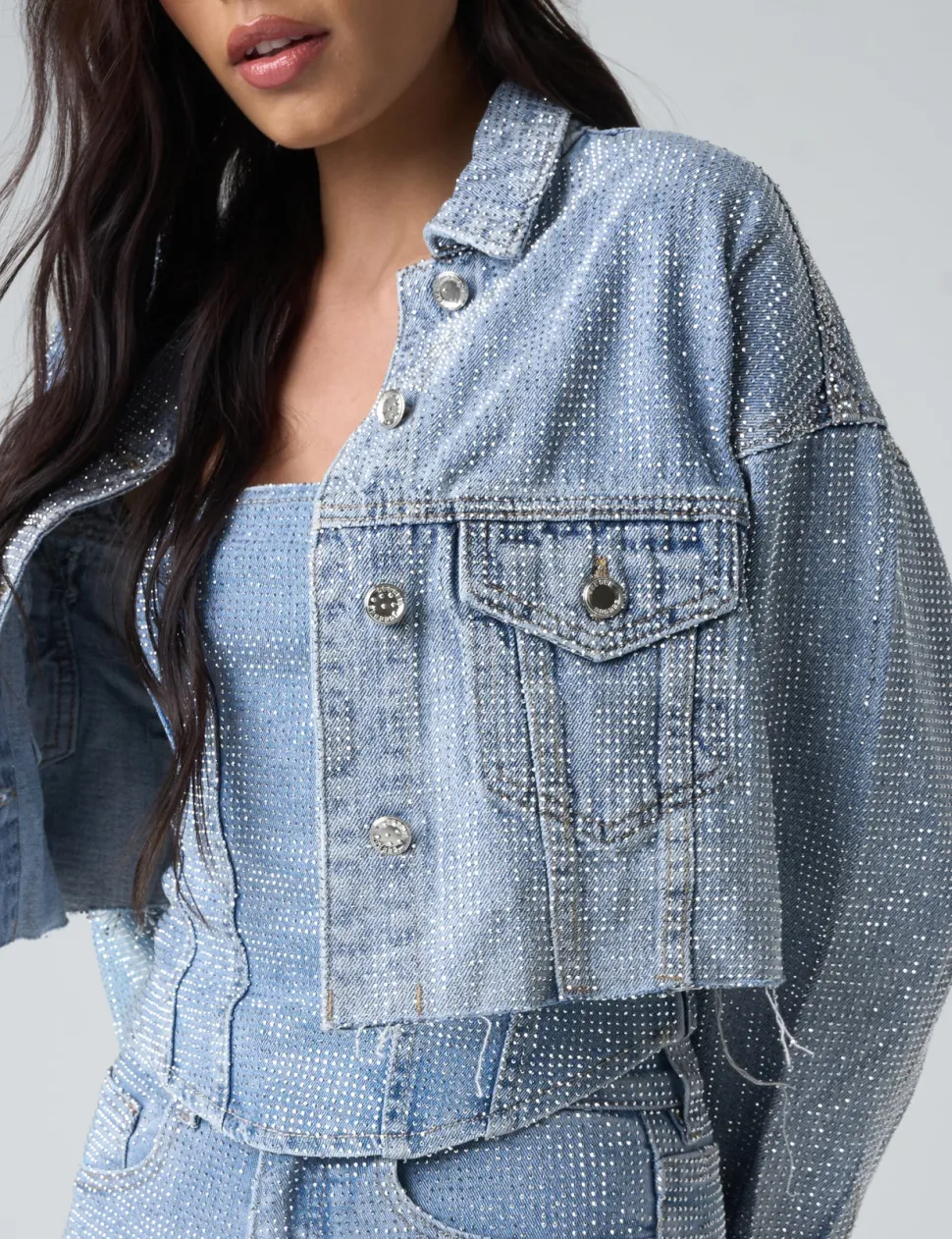 Cheap Diamante Denim Cropped Jacket Outerwear & Jackets | Co-ords