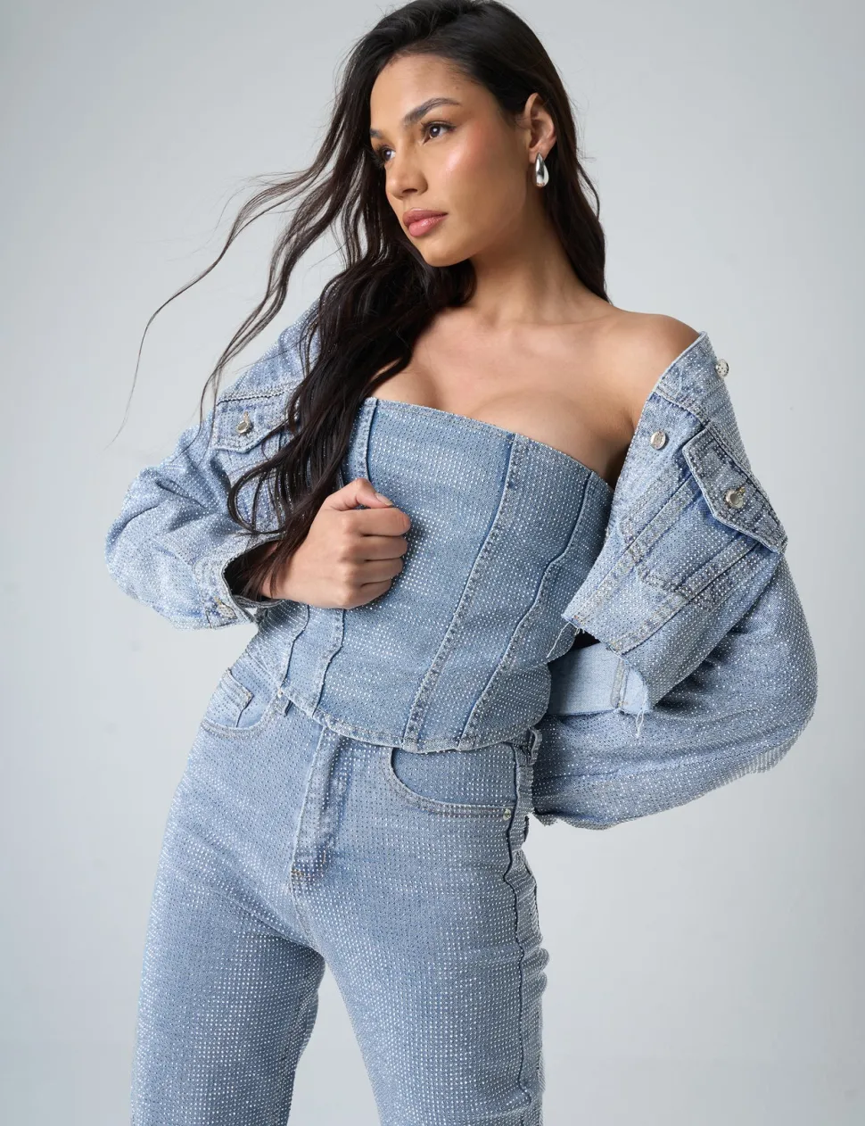 Cheap Diamante Denim Cropped Jacket Outerwear & Jackets | Co-ords