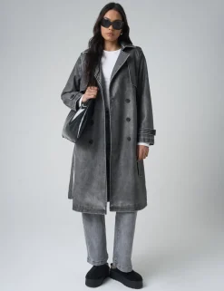Store Distressed Faux Leather Long Trench Coat Dark Grey Outerwear & Jackets | Sculpt & Leisure
