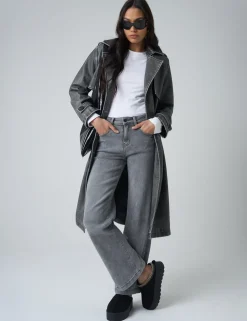 Store Distressed Faux Leather Long Trench Coat Dark Grey Outerwear & Jackets | Sculpt & Leisure