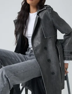 Store Distressed Faux Leather Long Trench Coat Dark Grey Outerwear & Jackets | Sculpt & Leisure