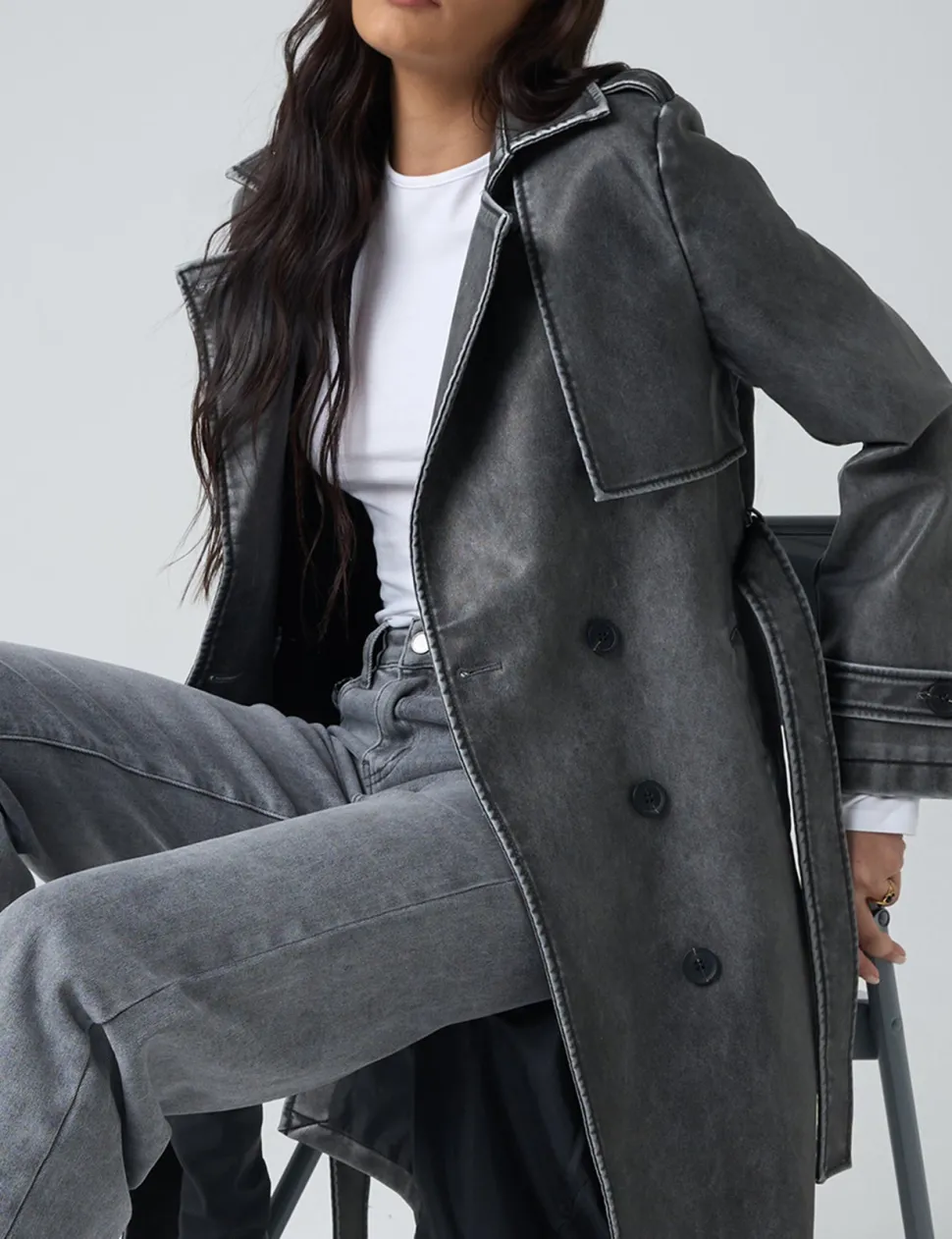 Store Distressed Faux Leather Long Trench Coat Dark Grey Outerwear & Jackets | Sculpt & Leisure