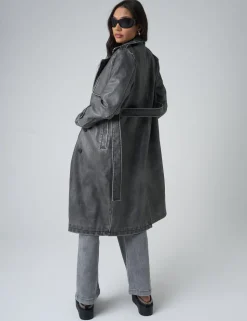 Store Distressed Faux Leather Long Trench Coat Dark Grey Outerwear & Jackets | Sculpt & Leisure