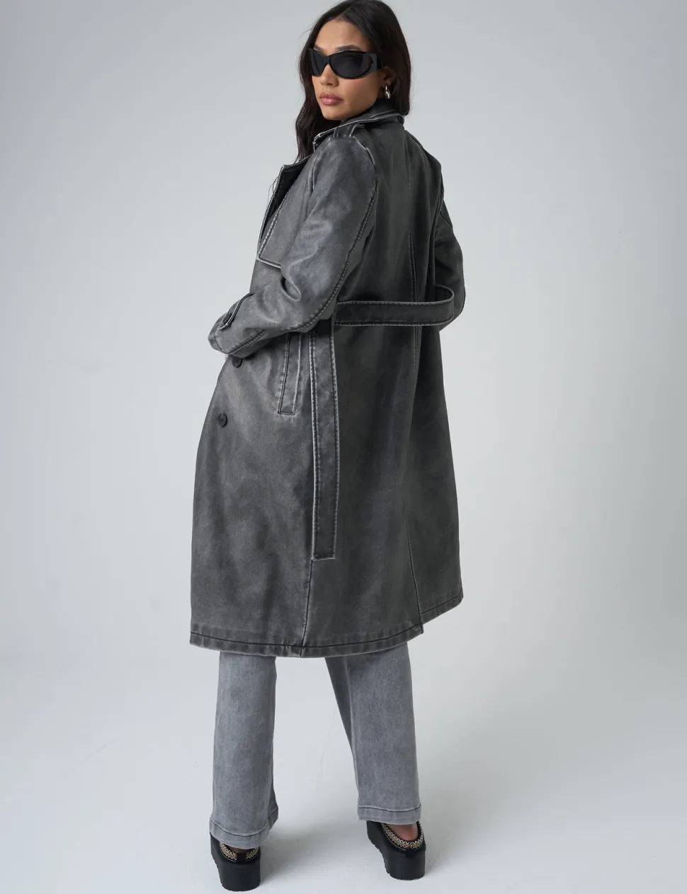 Store Distressed Faux Leather Long Trench Coat Dark Grey Outerwear & Jackets | Sculpt & Leisure
