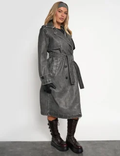 Store Distressed Faux Leather Long Trench Coat Dark Grey Outerwear & Jackets | Sculpt & Leisure