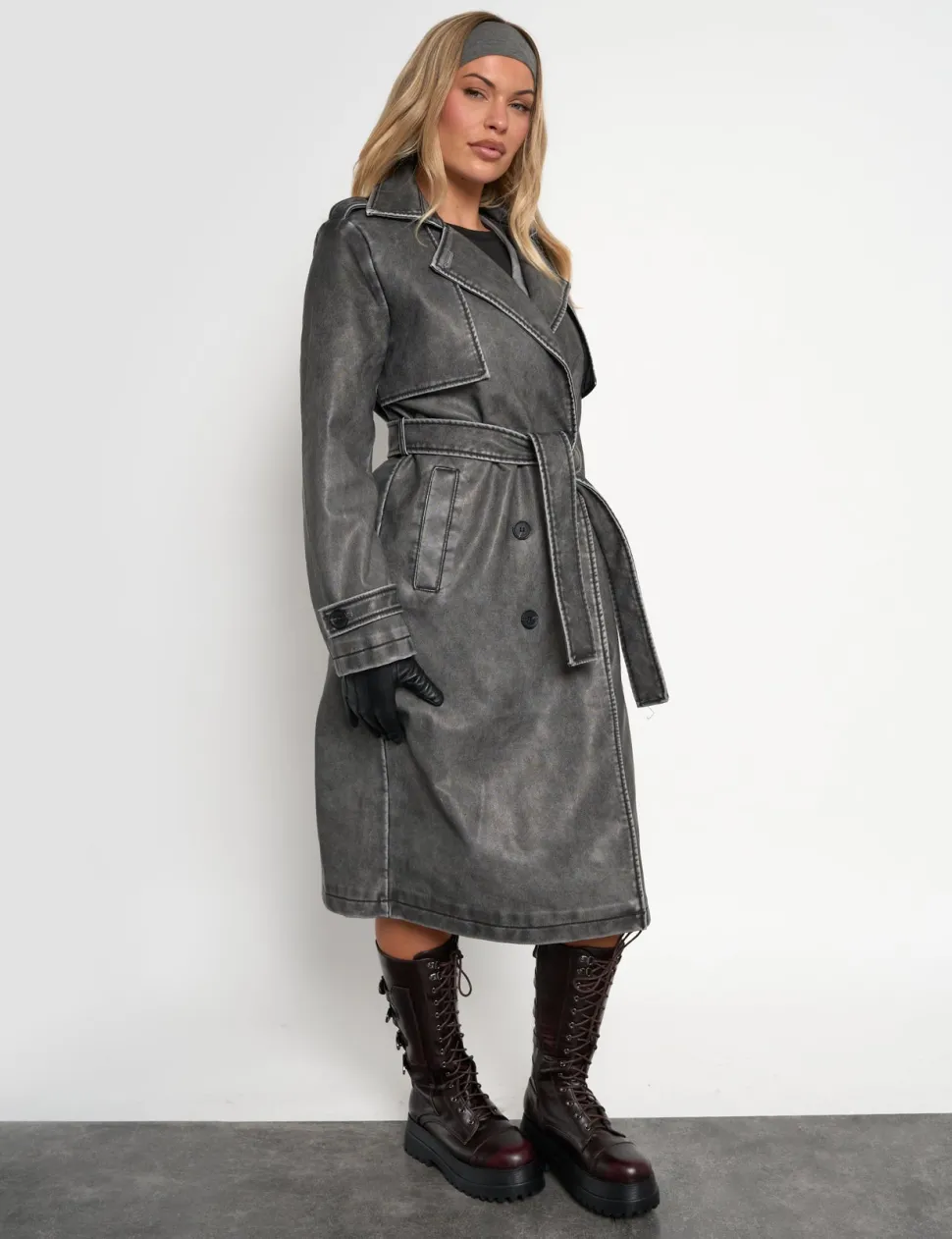 Store Distressed Faux Leather Long Trench Coat Dark Grey Outerwear & Jackets | Sculpt & Leisure