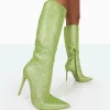 Clearance Diva Lime Glitter Pointed Toe Stiletto Knee High Boots High Heels | Heeled Boots