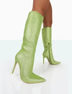 Clearance Diva Lime Glitter Pointed Toe Stiletto Knee High Boots High Heels | Heeled Boots