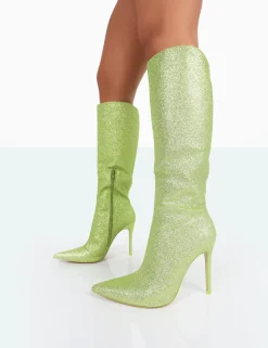 Clearance Diva Lime Glitter Pointed Toe Stiletto Knee High Boots High Heels | Heeled Boots