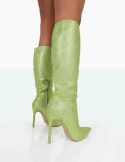 Clearance Diva Lime Glitter Pointed Toe Stiletto Knee High Boots High Heels | Heeled Boots