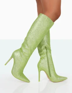 Clearance Diva Lime Glitter Pointed Toe Stiletto Knee High Boots High Heels | Heeled Boots