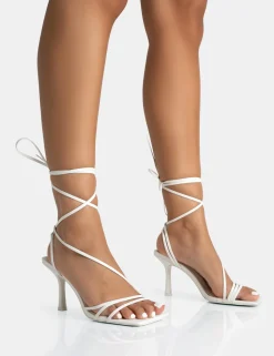 Sale Divine PU Strappy Lace Up Square Toe Mid Stiletto Heels Strappy Heels | Square Toe Heels
