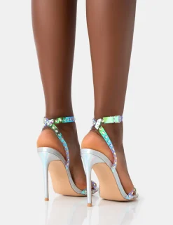 Best Sale Dolly Holographic Strappy Round Toe Stiletto Heels Silver Heels | Diamante Heels