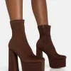 Sale Dominate Chocolate Nylon Platform Rounded Block Heeled Ankle Boots Square Toe Heels | Block Heels