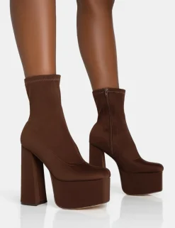 Sale Dominate Chocolate Nylon Platform Rounded Block Heeled Ankle Boots Square Toe Heels | Block Heels