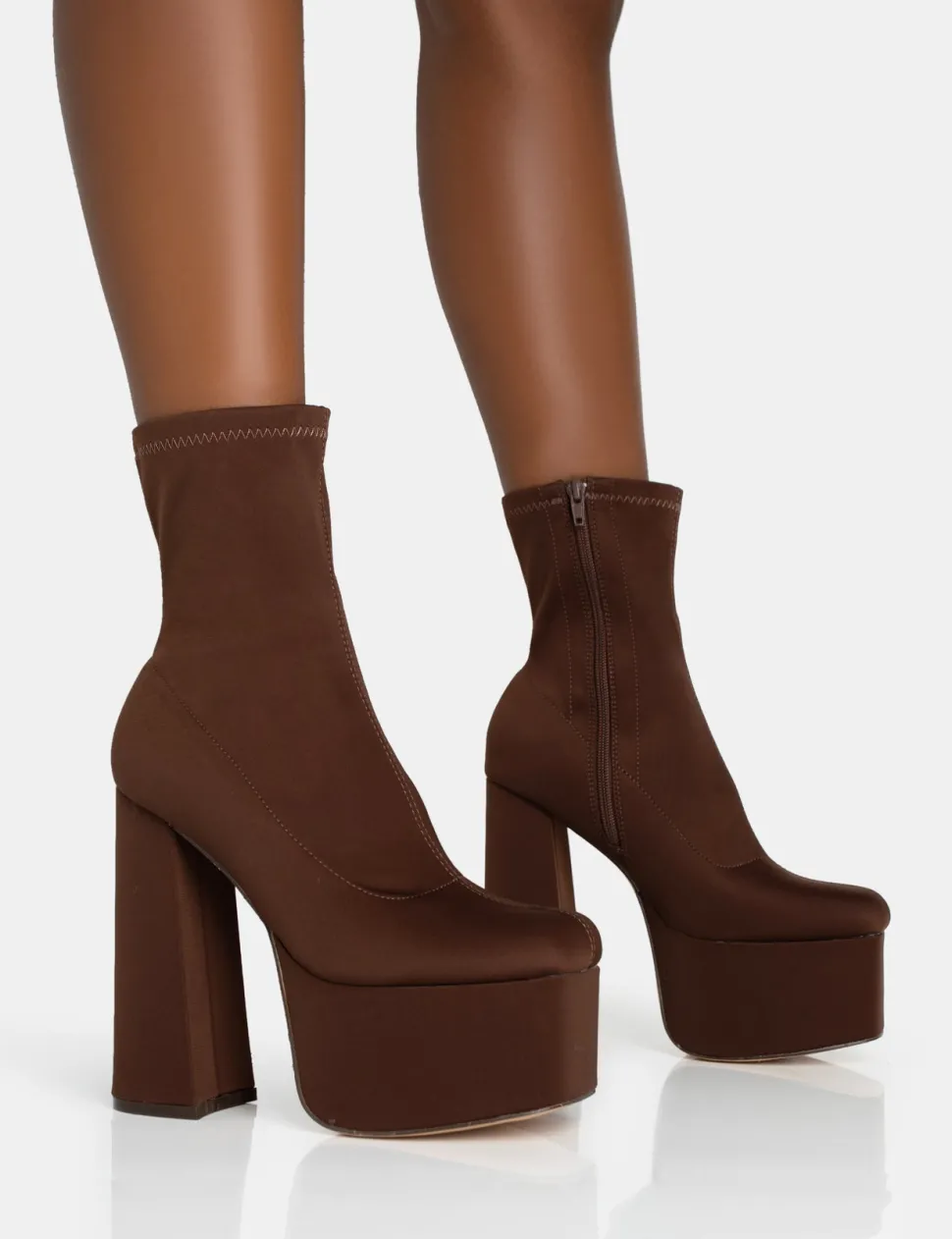 Sale Dominate Chocolate Nylon Platform Rounded Block Heeled Ankle Boots Square Toe Heels | Block Heels