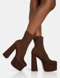 Sale Dominate Chocolate Nylon Platform Rounded Block Heeled Ankle Boots Square Toe Heels | Block Heels