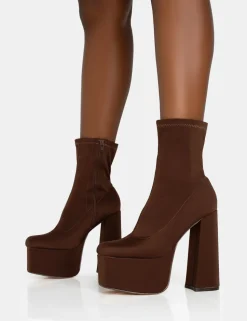 Sale Dominate Chocolate Nylon Platform Rounded Block Heeled Ankle Boots Square Toe Heels | Block Heels