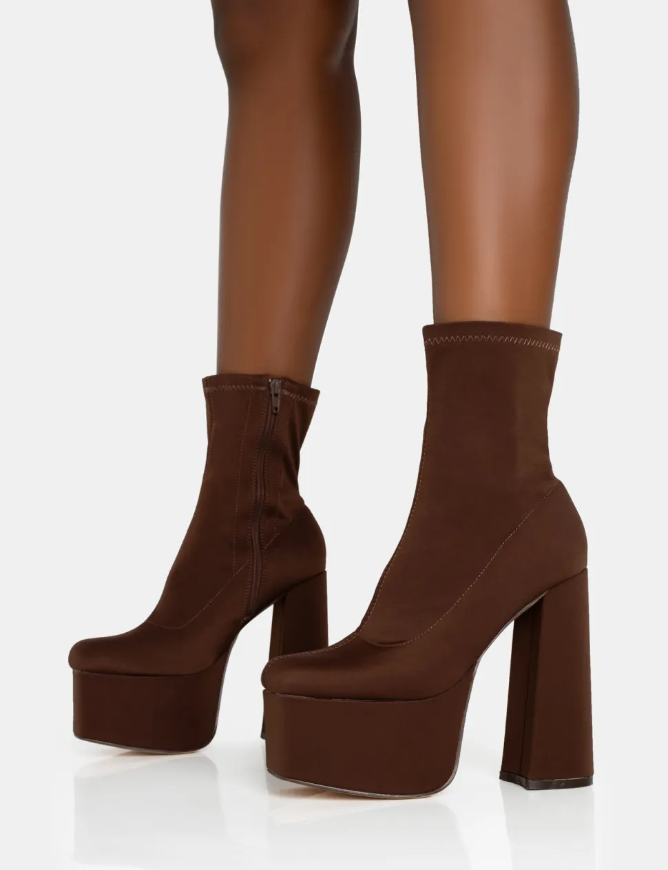 Sale Dominate Chocolate Nylon Platform Rounded Block Heeled Ankle Boots Square Toe Heels | Block Heels
