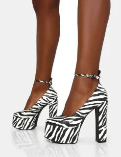 Discount Donatella Zebra Print Ankle Strap Rounded Toe Platform Block Heels Block Heels | Platform Heels