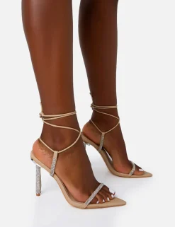 New Dream Nude Pu Strappy Diamante Heel Detail Pointed Toe Stilettos Strappy Heels | Diamante Heels