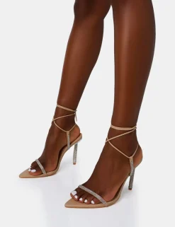 New Dream Nude Pu Strappy Diamante Heel Detail Pointed Toe Stilettos Strappy Heels | Diamante Heels