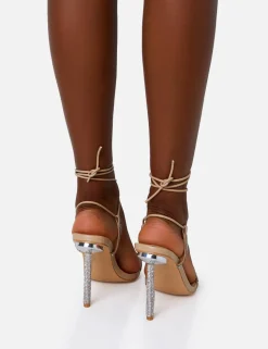 New Dream Nude Pu Strappy Diamante Heel Detail Pointed Toe Stilettos Strappy Heels | Diamante Heels