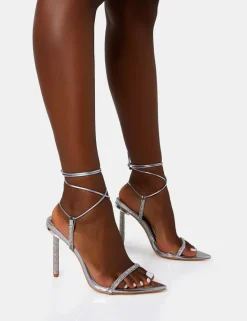 Hot Dream Mirror Strappy Diamante Heel Detail Pointed Toe Stiletto Strappy Heels | Diamante Heels