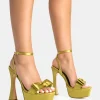 Best Sale Dreamer Olive Satin Extreme Bow Platform Flared Stiletto Heels Bow Heels | Square Toe Heels