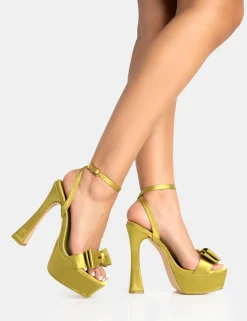 Best Sale Dreamer Olive Satin Extreme Bow Platform Flared Stiletto Heels Bow Heels | Square Toe Heels