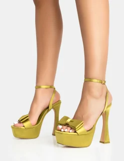 Best Sale Dreamer Olive Satin Extreme Bow Platform Flared Stiletto Heels Bow Heels | Square Toe Heels