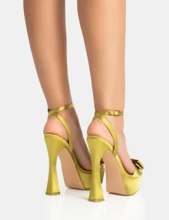 Best Sale Dreamer Olive Satin Extreme Bow Platform Flared Stiletto Heels Bow Heels | Square Toe Heels