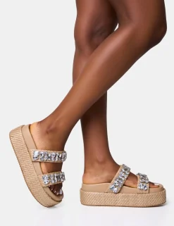Sale Duchess Natural Raffia Double Strap Platform Slider Sandals Back In Stock | Flats