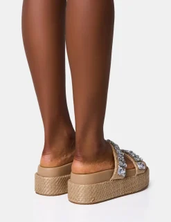 Sale Duchess Natural Raffia Double Strap Platform Slider Sandals Back In Stock | Flats