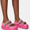 Hot Duchess Pink Raffia Double Strap Embellished Platform Slider Sandals Flats