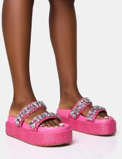 Hot Duchess Pink Raffia Double Strap Embellished Platform Slider Sandals Flats
