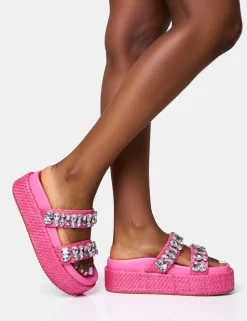 Hot Duchess Pink Raffia Double Strap Embellished Platform Slider Sandals Flats