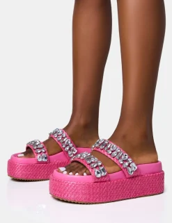 Hot Duchess Pink Raffia Double Strap Embellished Platform Slider Sandals Flats