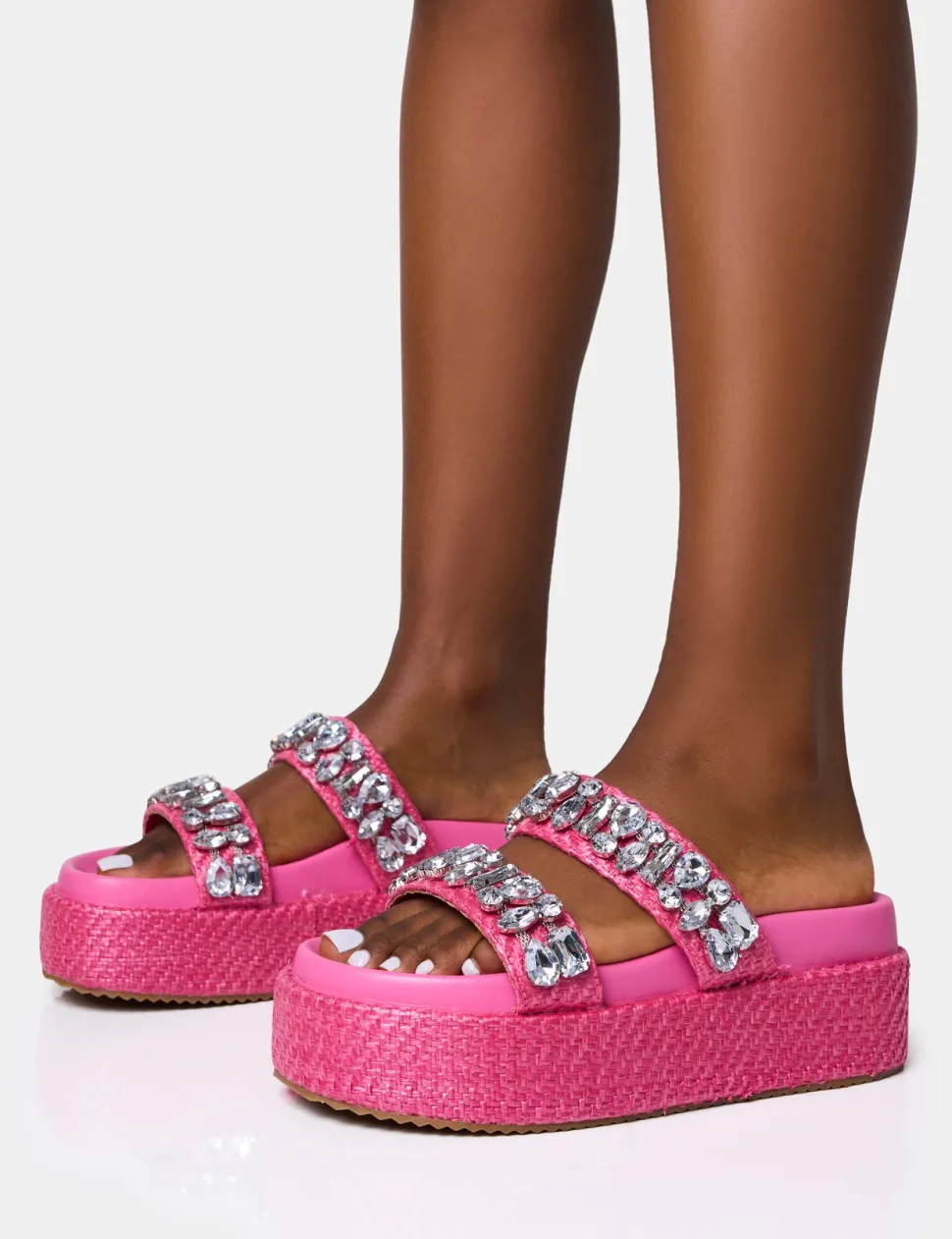 Hot Duchess Pink Raffia Double Strap Embellished Platform Slider Sandals Flats