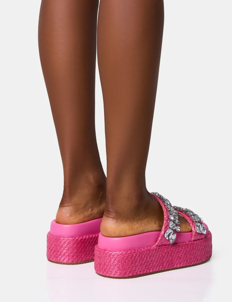 Hot Duchess Pink Raffia Double Strap Embellished Platform Slider Sandals Flats