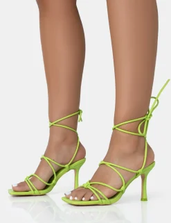 Cheap Duet Neon Lime Knot Strappy Lace Up Square Toe Mid Heels Square Toe Heels | Lace Up Heels