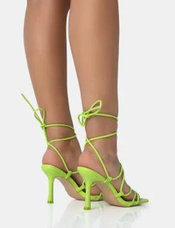 Cheap Duet Neon Lime Knot Strappy Lace Up Square Toe Mid Heels Square Toe Heels | Lace Up Heels