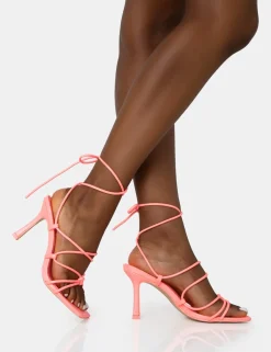 Cheap Duet Neon Knot Strappy Lace Up Square Toe Mid Heels Pink Heels | Square Toe Heels