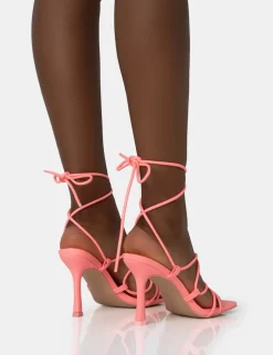 Cheap Duet Neon Knot Strappy Lace Up Square Toe Mid Heels Pink Heels | Square Toe Heels