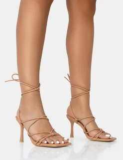 Best Sale Duet Nude Knot Strappy Lace Up Square Toe Mid Heels Square Toe Heels | Lace Up Heels