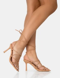 Best Sale Duet Nude Knot Strappy Lace Up Square Toe Mid Heels Square Toe Heels | Lace Up Heels
