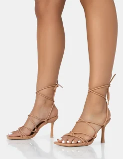 Best Sale Duet Nude Knot Strappy Lace Up Square Toe Mid Heels Square Toe Heels | Lace Up Heels