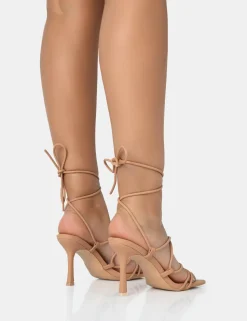 Best Sale Duet Nude Knot Strappy Lace Up Square Toe Mid Heels Square Toe Heels | Lace Up Heels